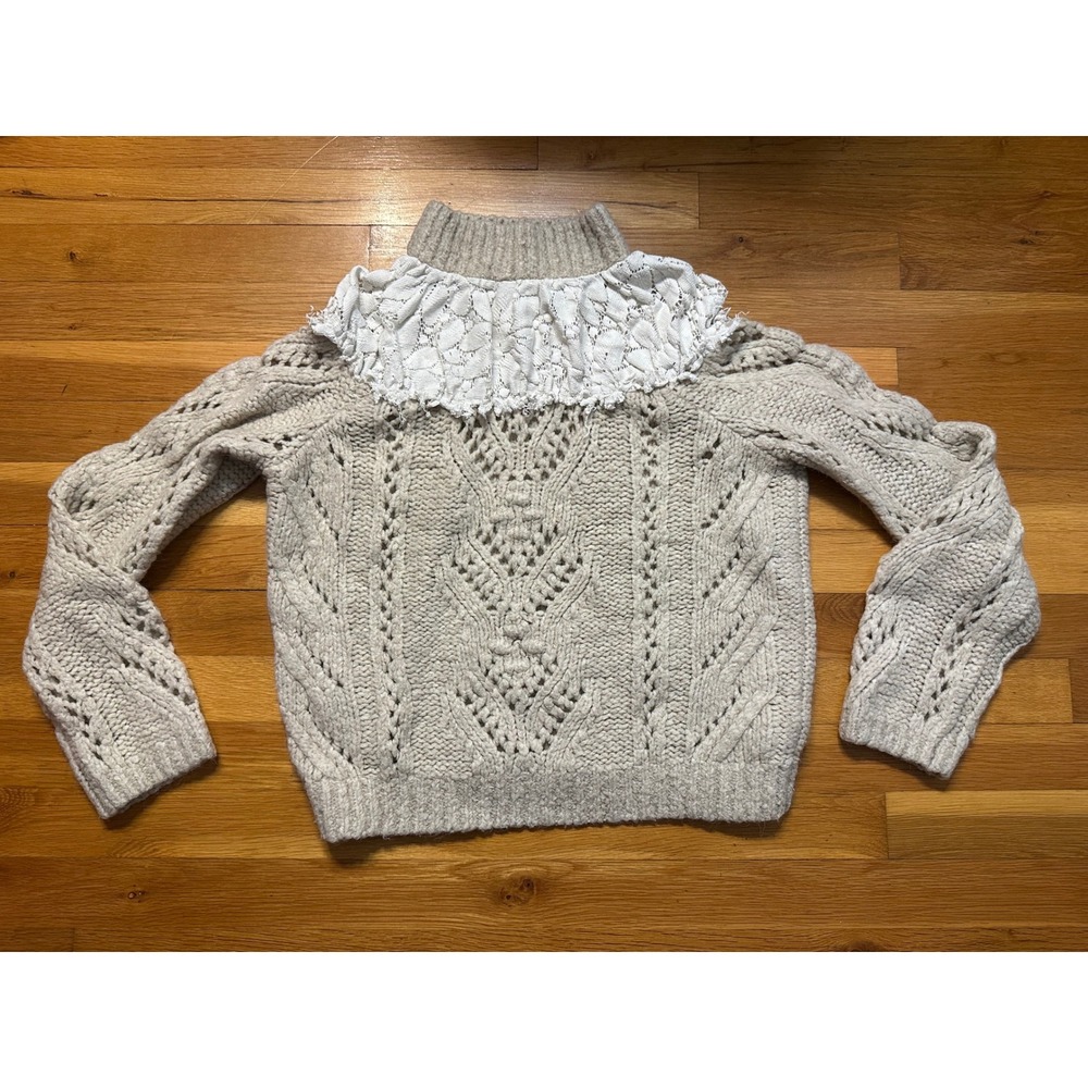Anthropologie Lace Yoke Cable Knit Sweater Beige Mock Neck Small Boho Romantic